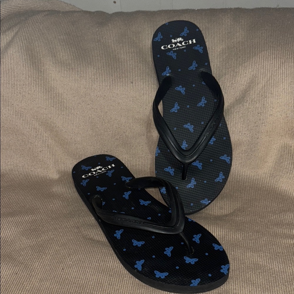 EUC Coach Black Flip Flops with Blue Butterfly Design